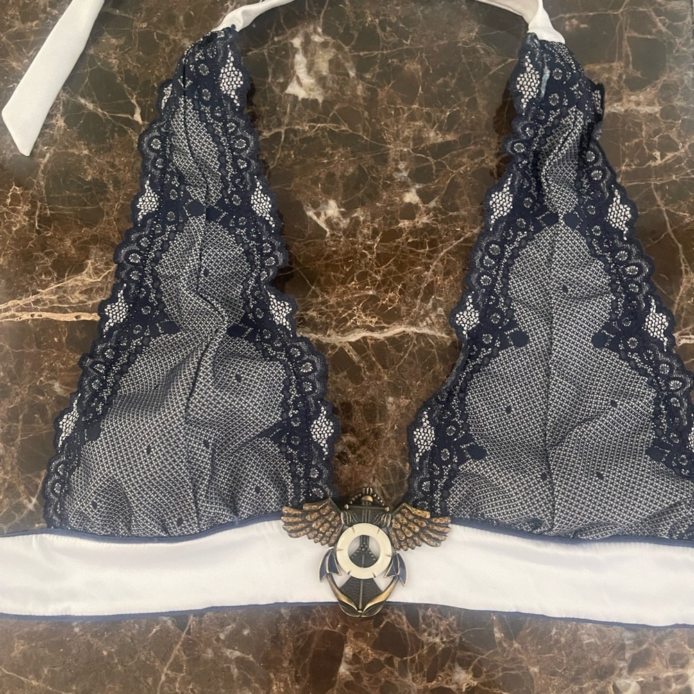 Beach Bunny “Going back to Cali” Navy and White Lace bikini top